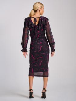 Jolie Moi Abstract Ruffle Mesh Bodycon Dress, Black/Fuchsia - view 2, Black/Fuchsia