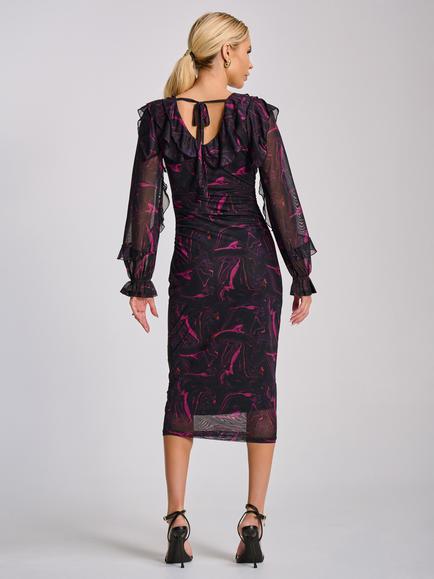 Jolie Moi Abstract Ruffle Mesh Bodycon Dress, Black/Fuchsia - view 2, Black/Fuchsia