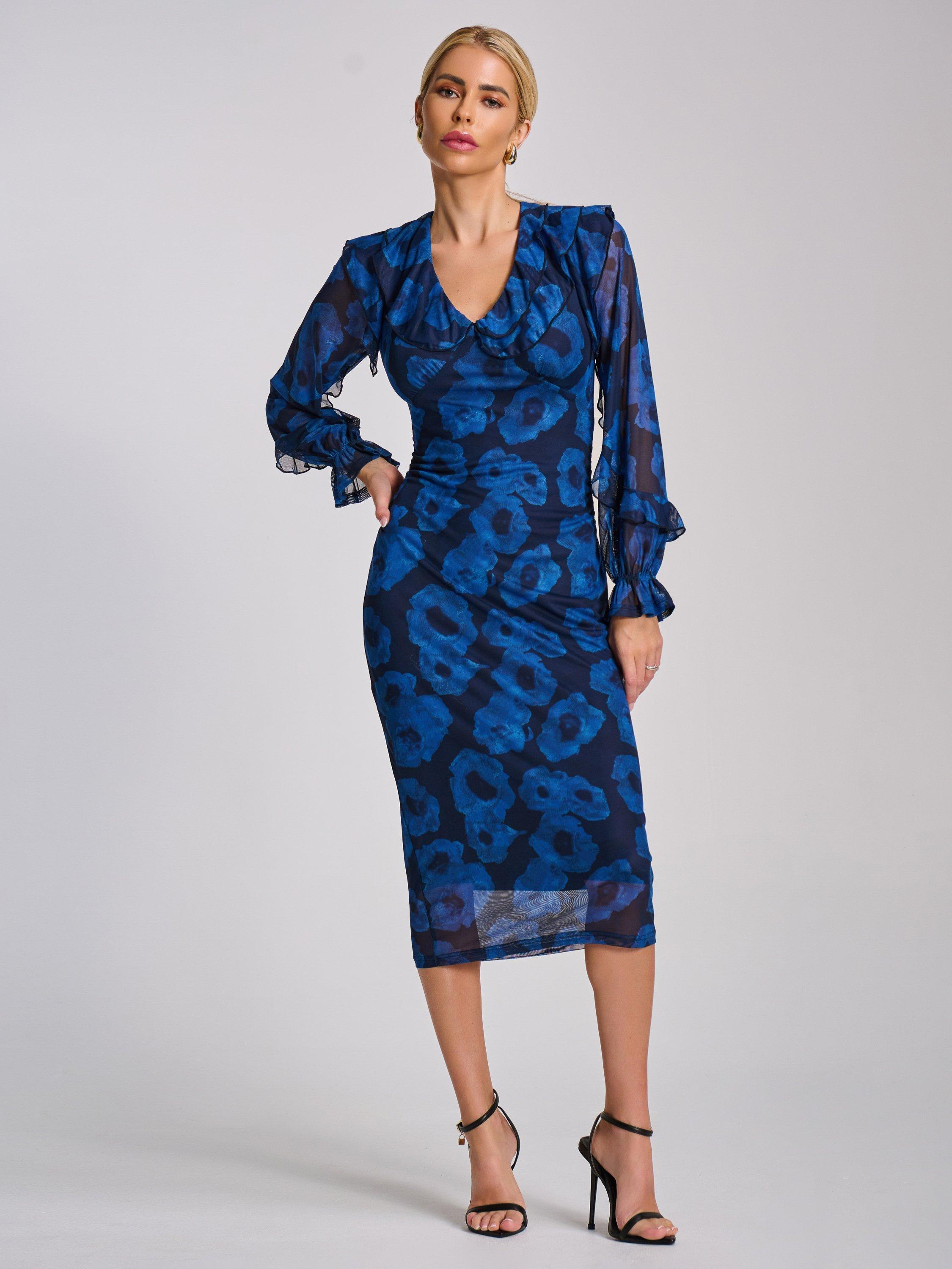 Product image 1 of 7, which shows Jolie Moi Abstract Ruffle Mesh Bodycon Dress, Blue, 8