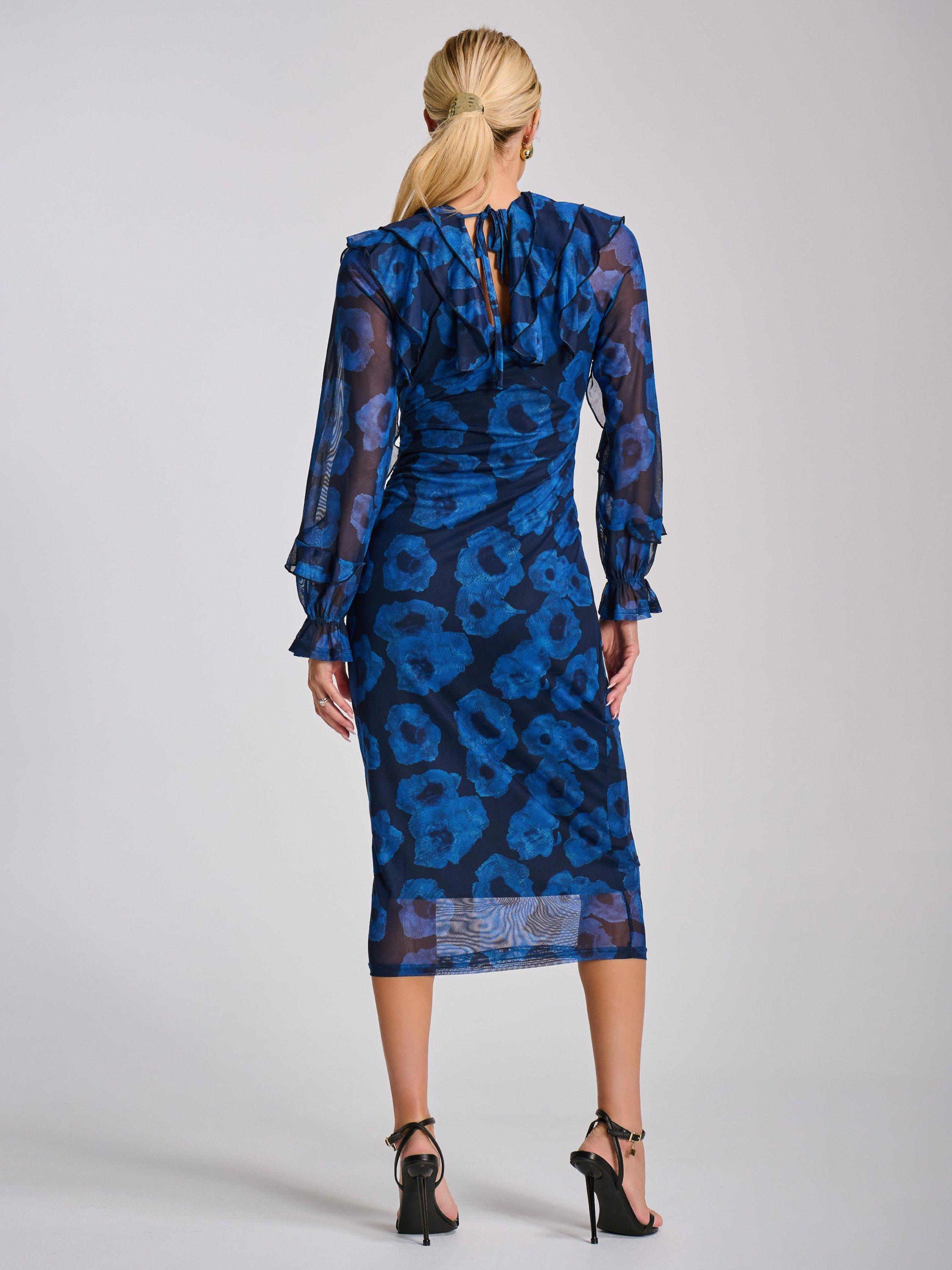 Product image 2 of 7, which shows Jolie Moi Abstract Ruffle Mesh Bodycon Dress, Blue, 8