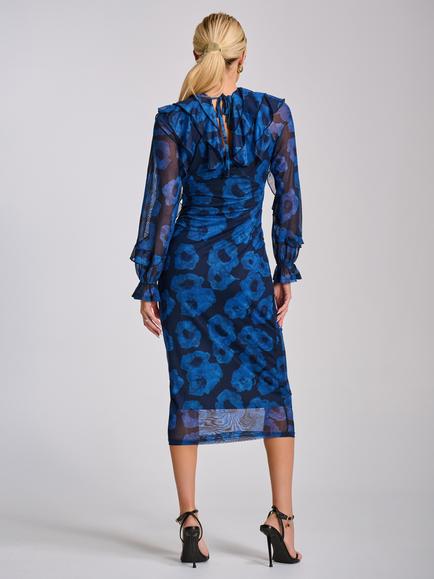 Jolie Moi Abstract Ruffle Mesh Bodycon Dress, Blue - view 2, Blue