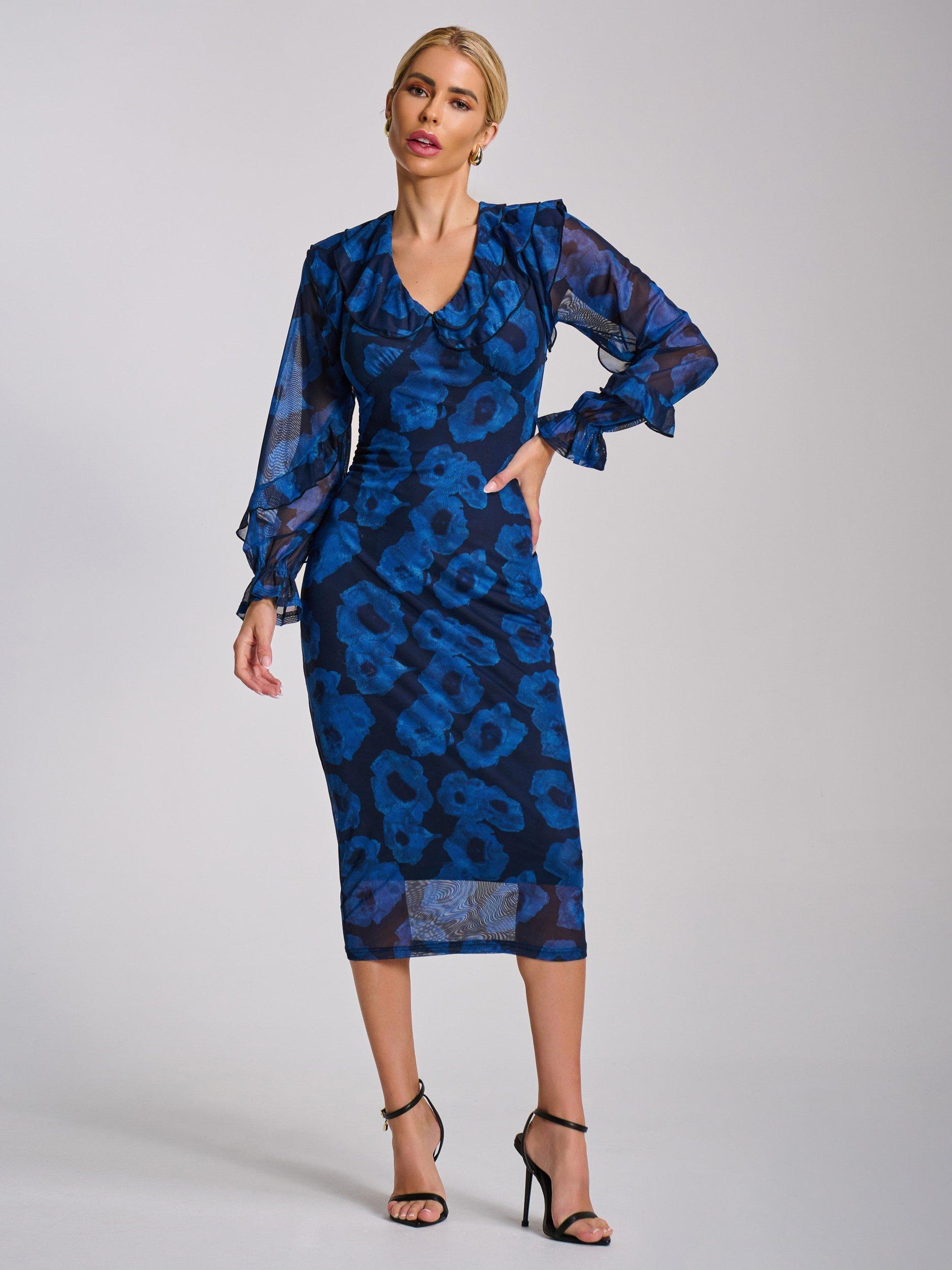 Product image 5 of 7, which shows Jolie Moi Abstract Ruffle Mesh Bodycon Dress, Blue, 8