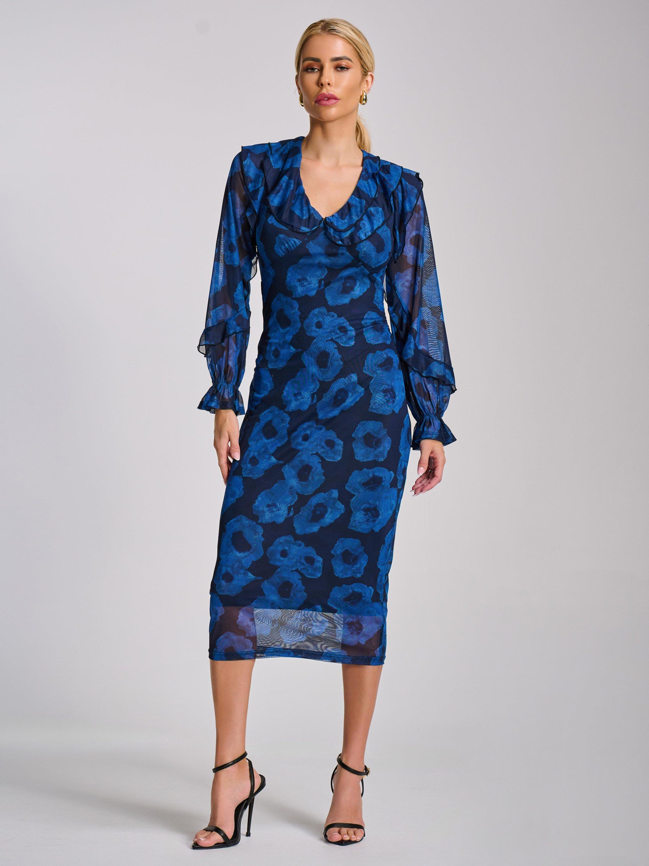 Product image 6 of 7, which shows Jolie Moi Abstract Ruffle Mesh Bodycon Dress, Blue, 8