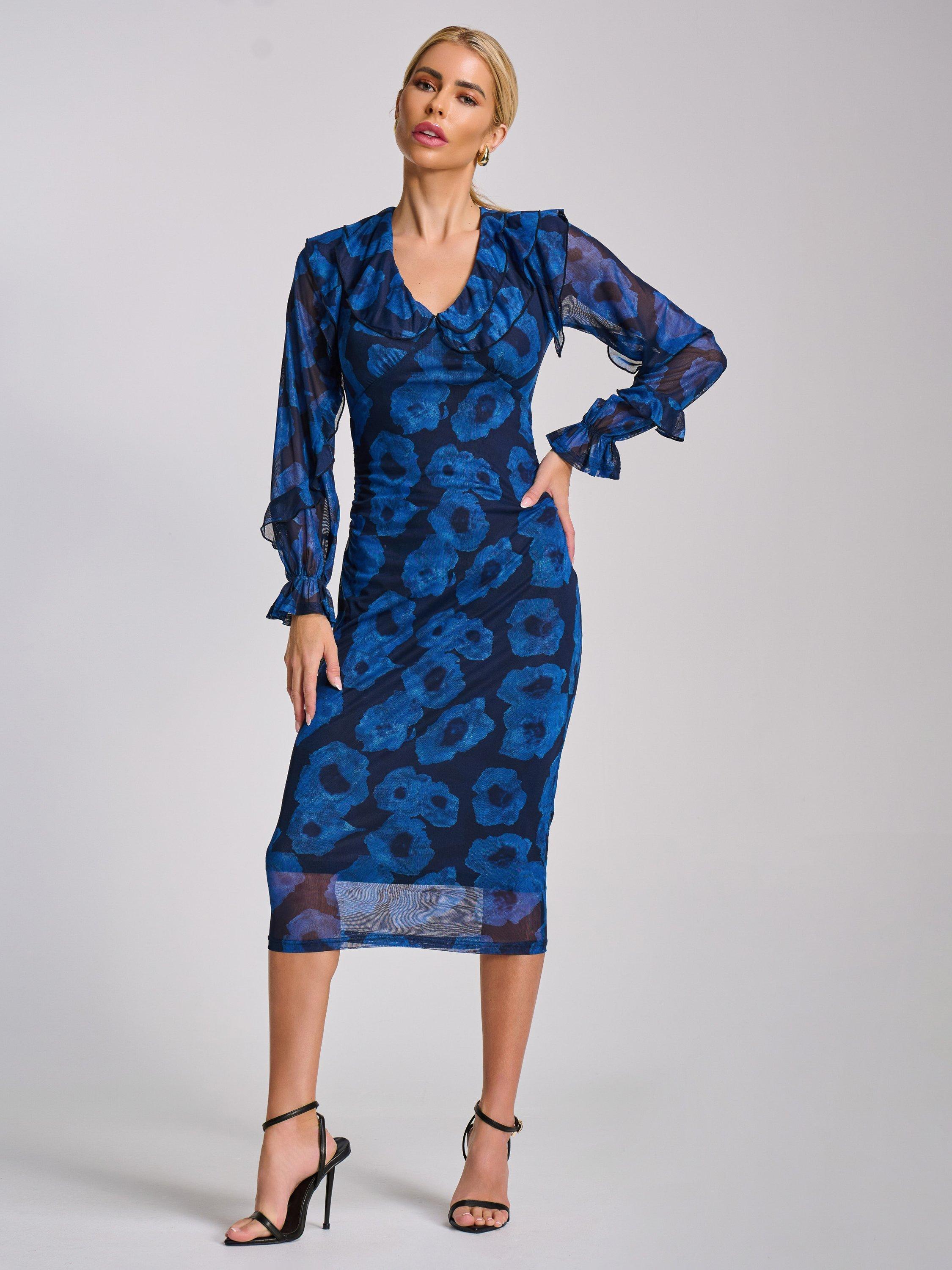 Product image 7 of 7, which shows Jolie Moi Abstract Ruffle Mesh Bodycon Dress, Blue, 8