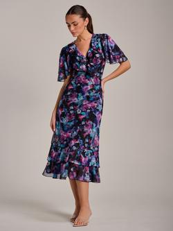 Jolie Moi Abstract Floral Ruffle Mesh Midaxi Dress, Purple/Multi