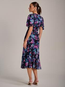 Jolie Moi Abstract Floral Ruffle Mesh Midaxi Dress - view 2, Purple/Multi