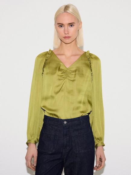 Jigsaw Frill Satin Top, Green