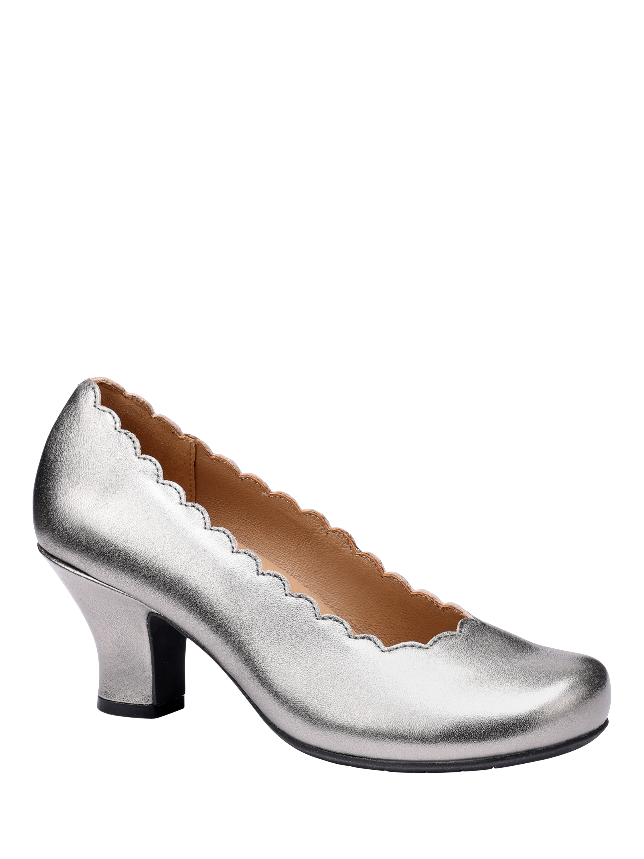 Product image 2 of 4, which shows Hotter Jive Leather Scallop Edge Heeled Courts, Pewter, 3S