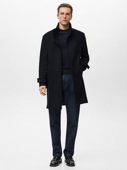 Mango Wool Blend Funnel Neck Overcoat, Navy - view 2, Navy