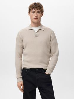 Mango Antigua Cotton Blend Regular Fit Long Sleeve Polo Shirt, Light Beige