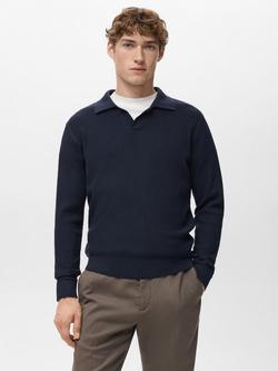 Mango Antigua Cotton Blend Regular Fit Long Sleeve Polo Shirt, Navy