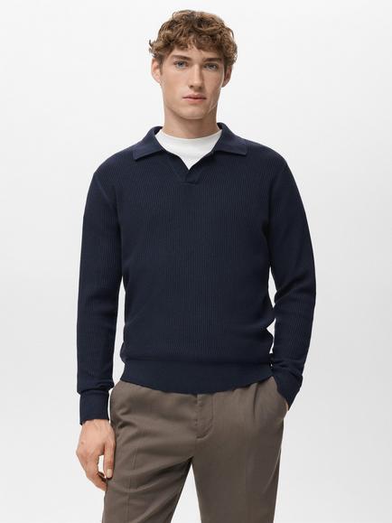 Mango Antigua Cotton Blend Regular Fit Long Sleeve Polo Shirt, Navy