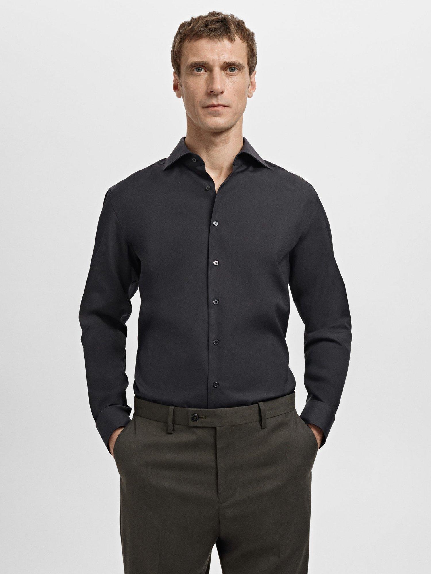 Product image 1 of 8, which shows Mango Emeritol Slim Fit Cotton Poplin Shirt, Black, L
