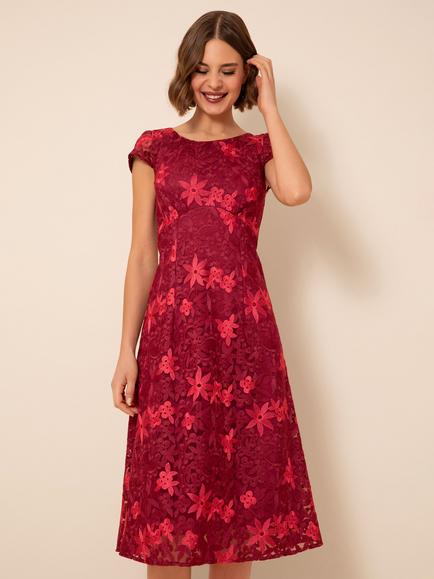 Alie Street Charlotte Lace A-Line Midi Dress, Azalea Red