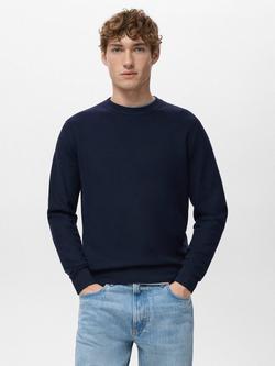 Mango Ten Crew Neck Jumper with Cotton, Navy, Navy
