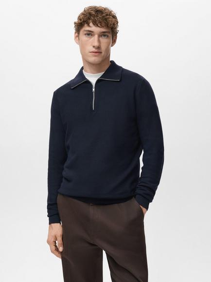 Mango Tenp Zip Neck Jumper with Cotton, Navy, Navy