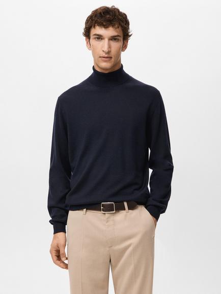 Mango Merino Wool Wraparound High Neck Jumper, Navy, Navy
