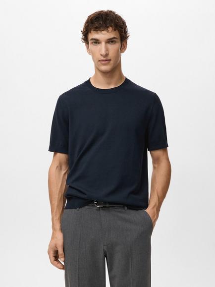Mango Arraona Crew Neck Cotton T-Shirt, Dark Blue