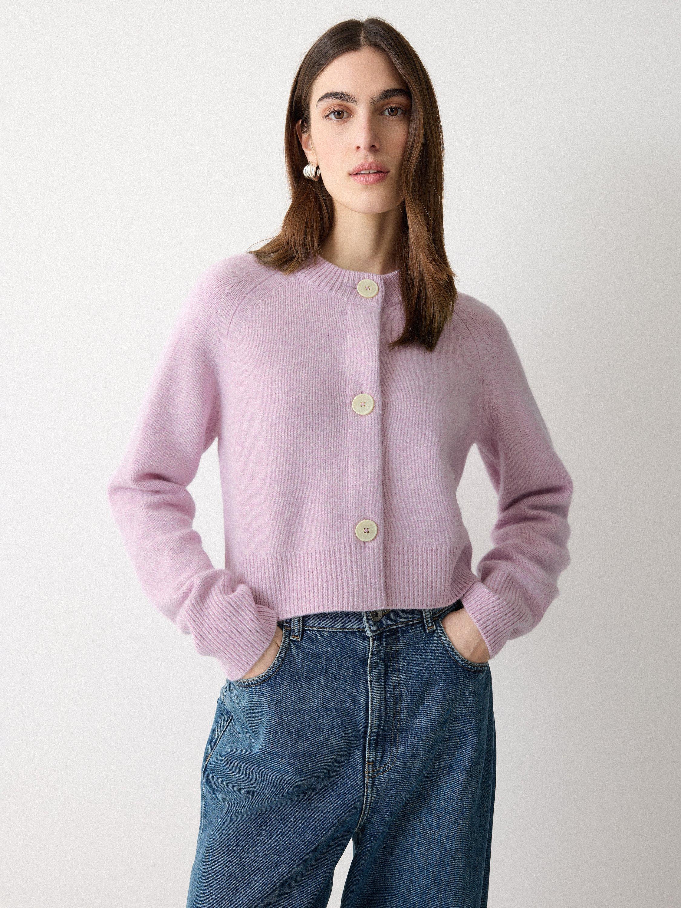 Product image 1 of 5, which shows Jigsaw Cropped Pure Wool Cardigan, Lilac, XS