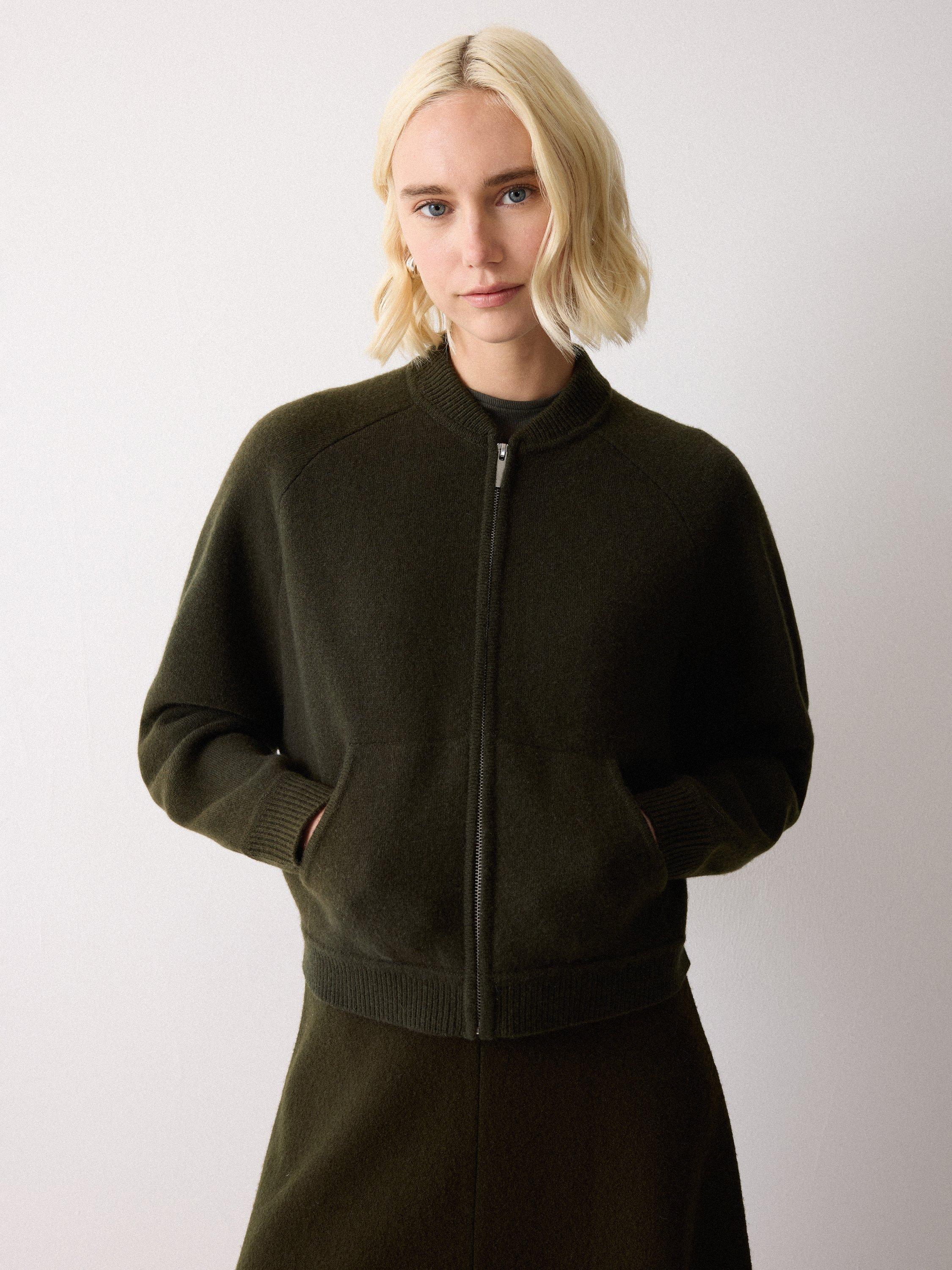 Product image 1 of 7, which shows Jigsaw Knitted Bomber Jacket, Khaki, XS