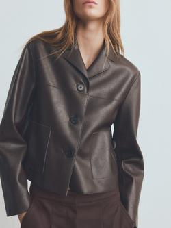 Mango Sabi Faux Leather Jacket, Dark Brown, Dark Brown