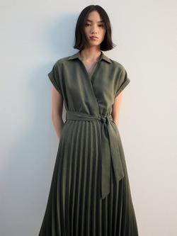 Mango Esther Pleated Midi Dress, Khaki, Khaki