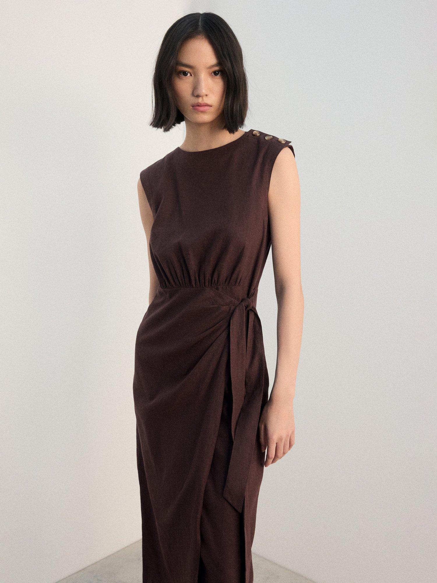 Product image 1 of 7, which shows Mango Gin Button Shoulder Linen Rich Dress, Dark Brown, 10