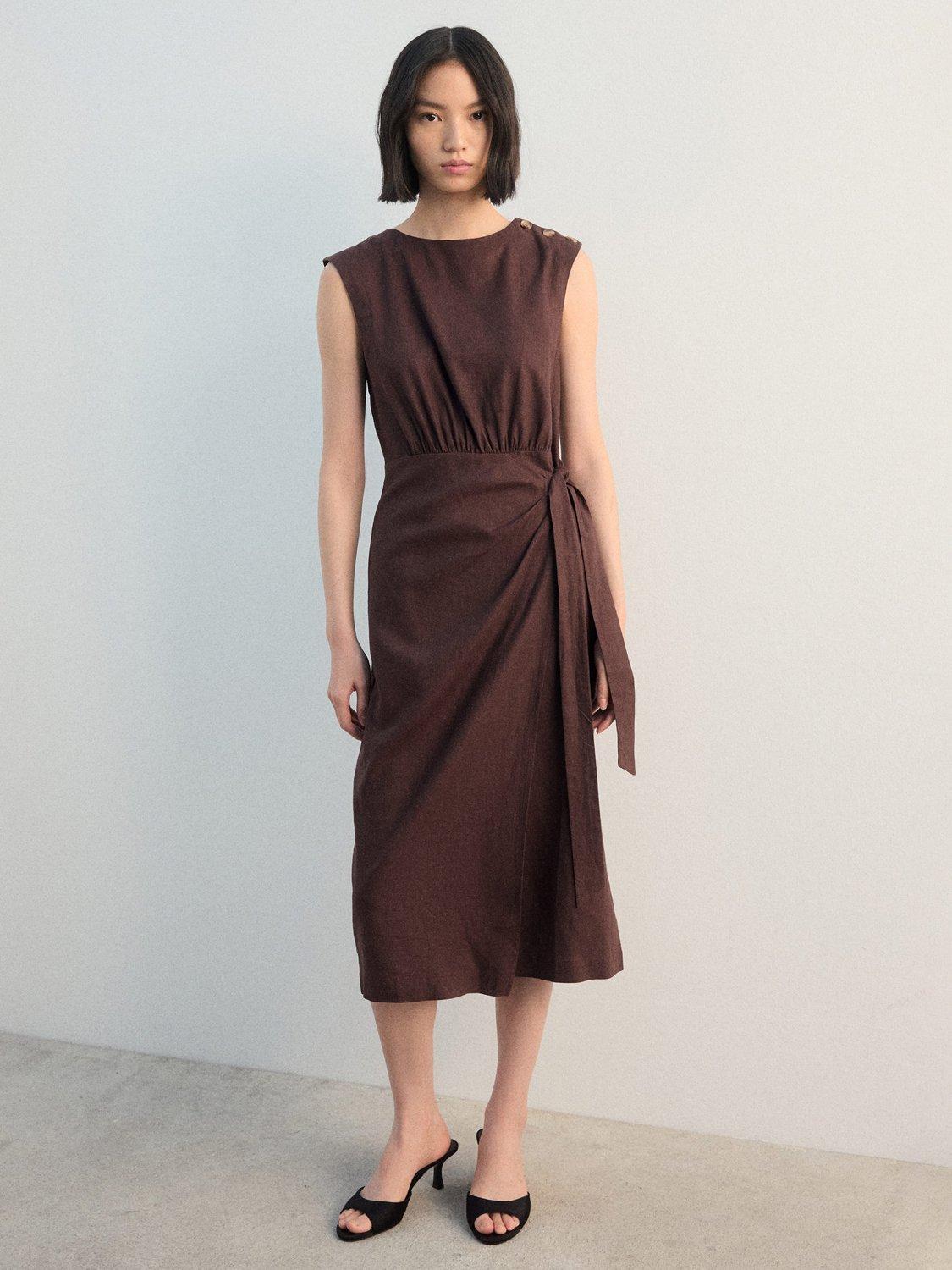 Product image 2 of 7, which shows Mango Gin Button Shoulder Linen Rich Dress, Dark Brown, 10