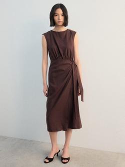 Mango Gin Button Shoulder Linen Rich Dress, Dark Brown - view 2, Dark Brown