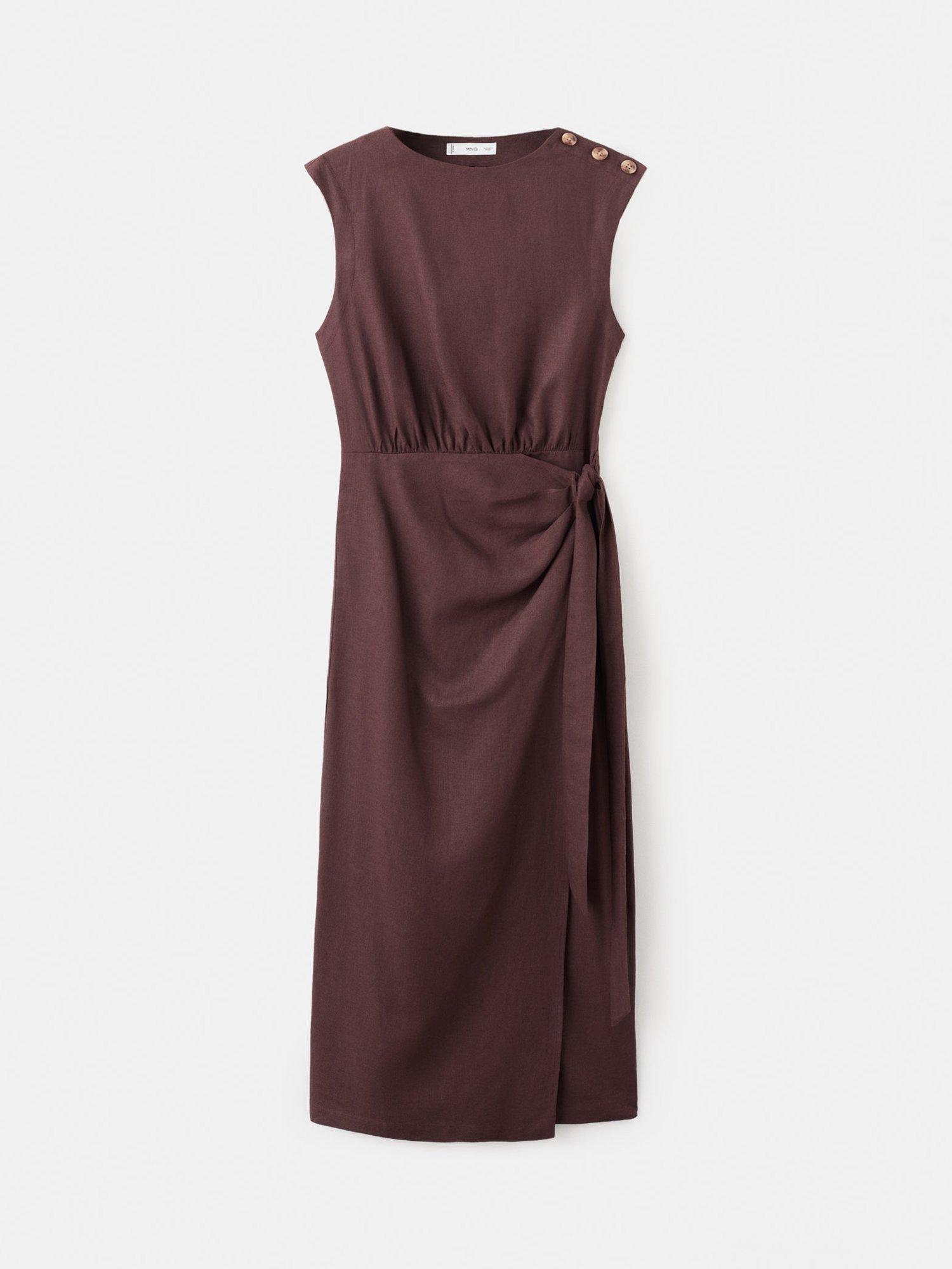 Product image 3 of 7, which shows Mango Gin Button Shoulder Linen Rich Dress, Dark Brown, 10