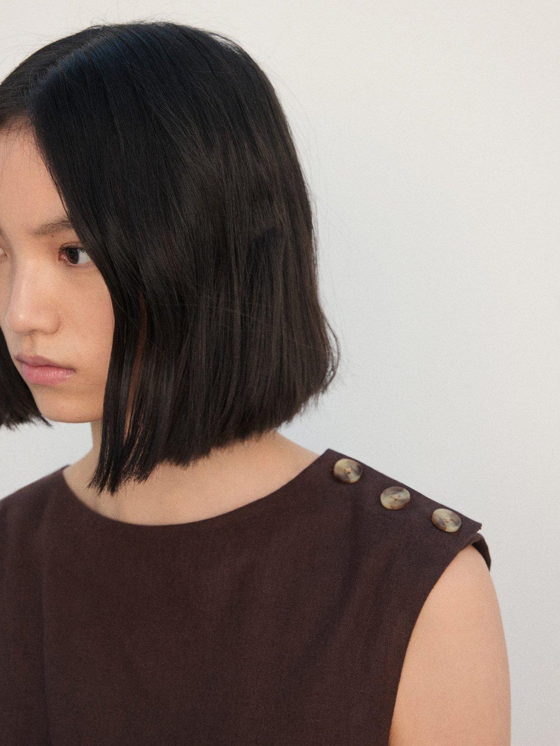 Product image 6 of 7, which shows Mango Gin Button Shoulder Linen Rich Dress, Dark Brown, 10