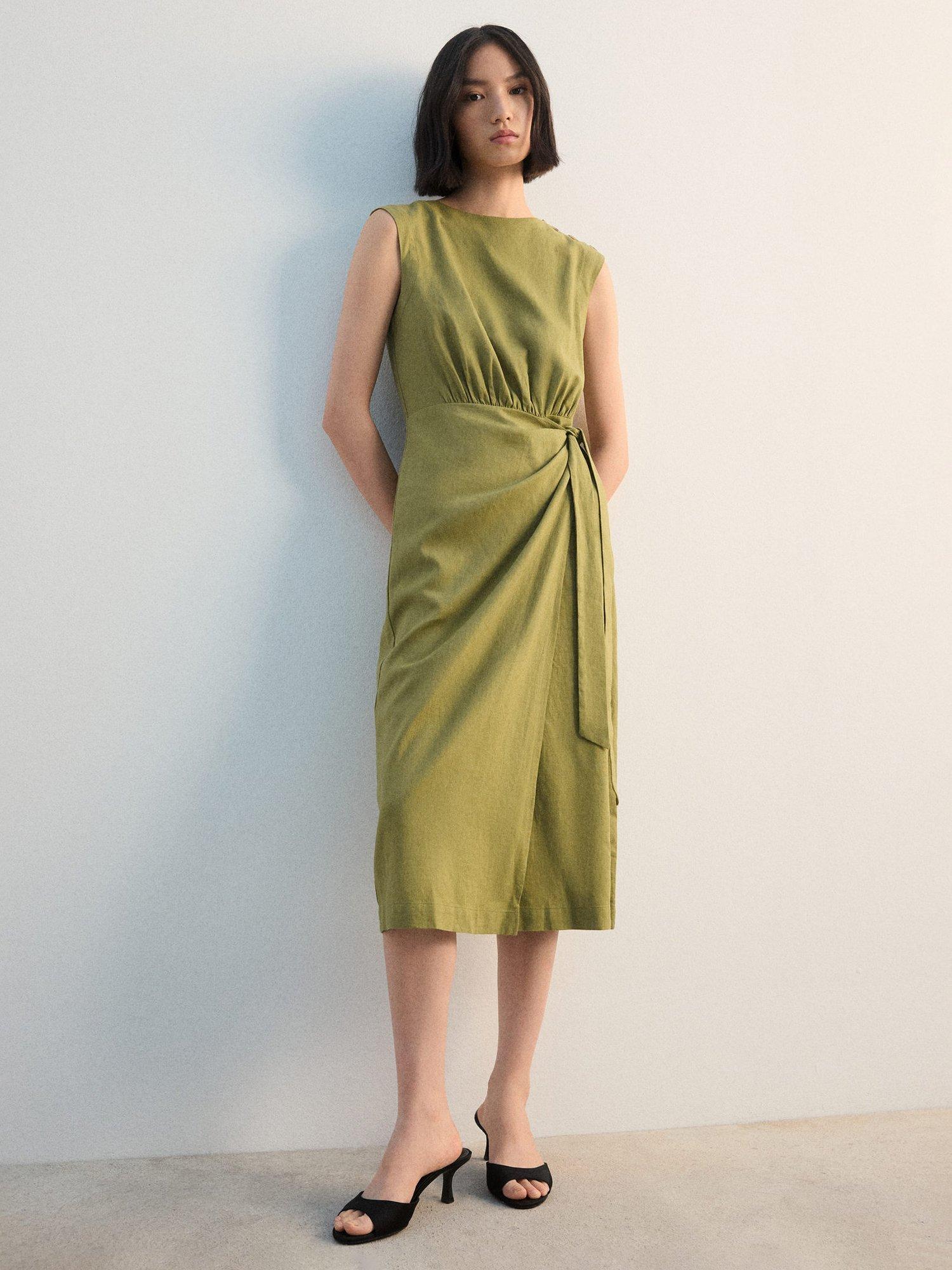 Product image 2 of 7, which shows Mango Gin Button Shoulder Linen Rich Dress, Dark Green, 10