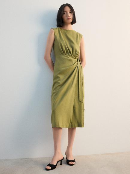 Mango Gin Button Shoulder Linen Rich Dress, Dark Green - view 2, Dark Green