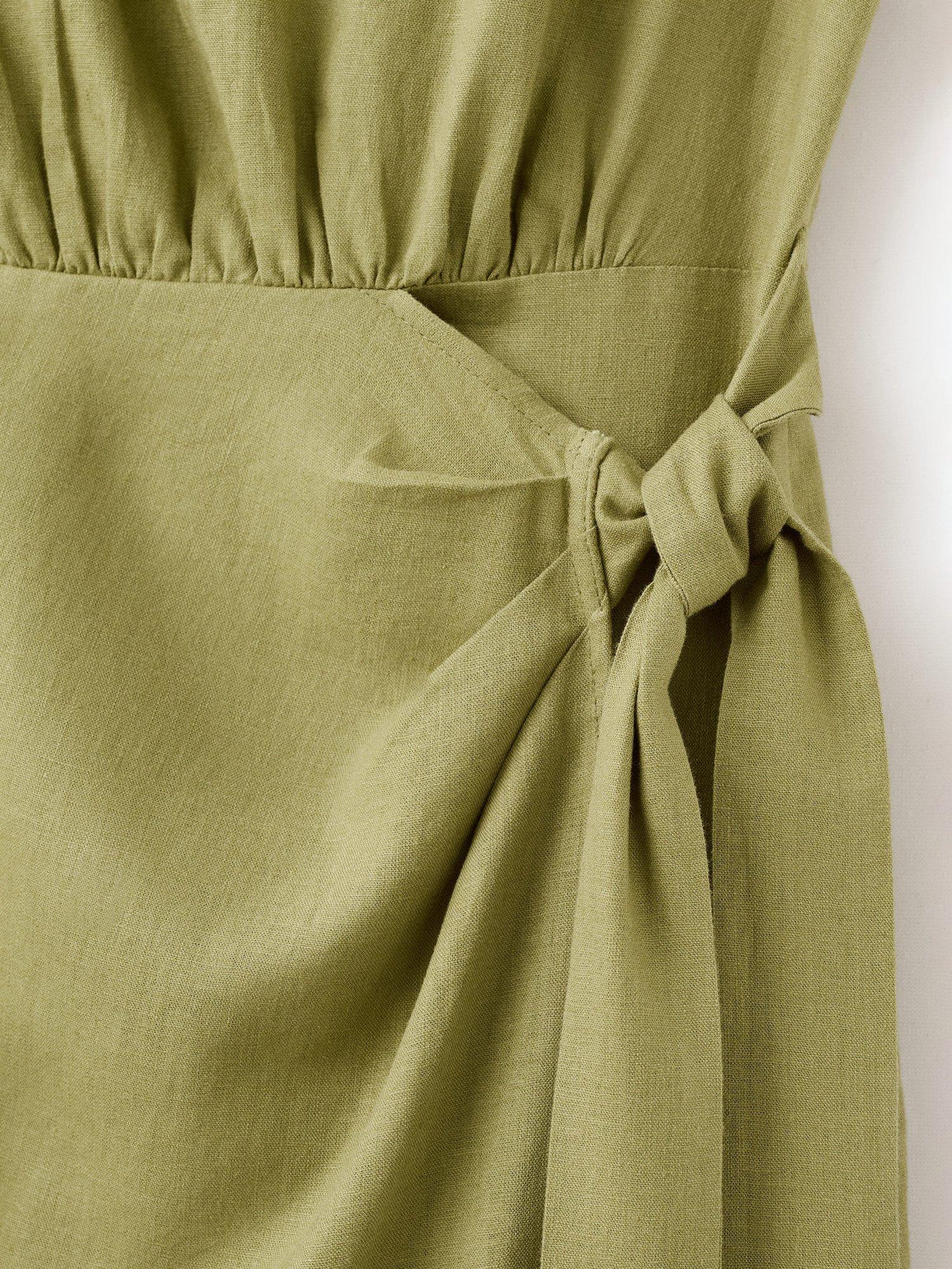 Product image 5 of 7, which shows Mango Gin Button Shoulder Linen Rich Dress, Dark Green, 10