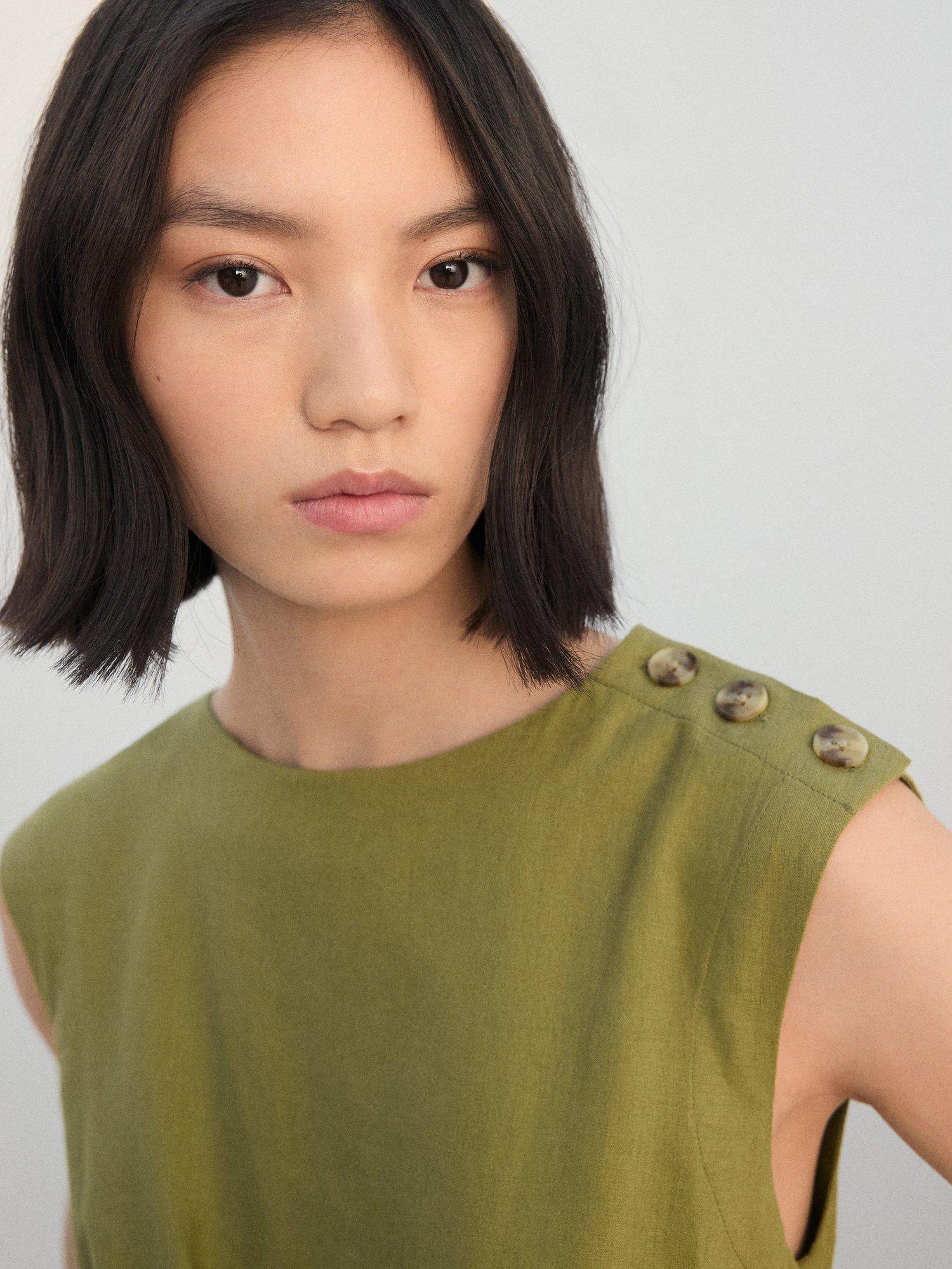 Product image 6 of 7, which shows Mango Gin Button Shoulder Linen Rich Dress, Dark Green, 10