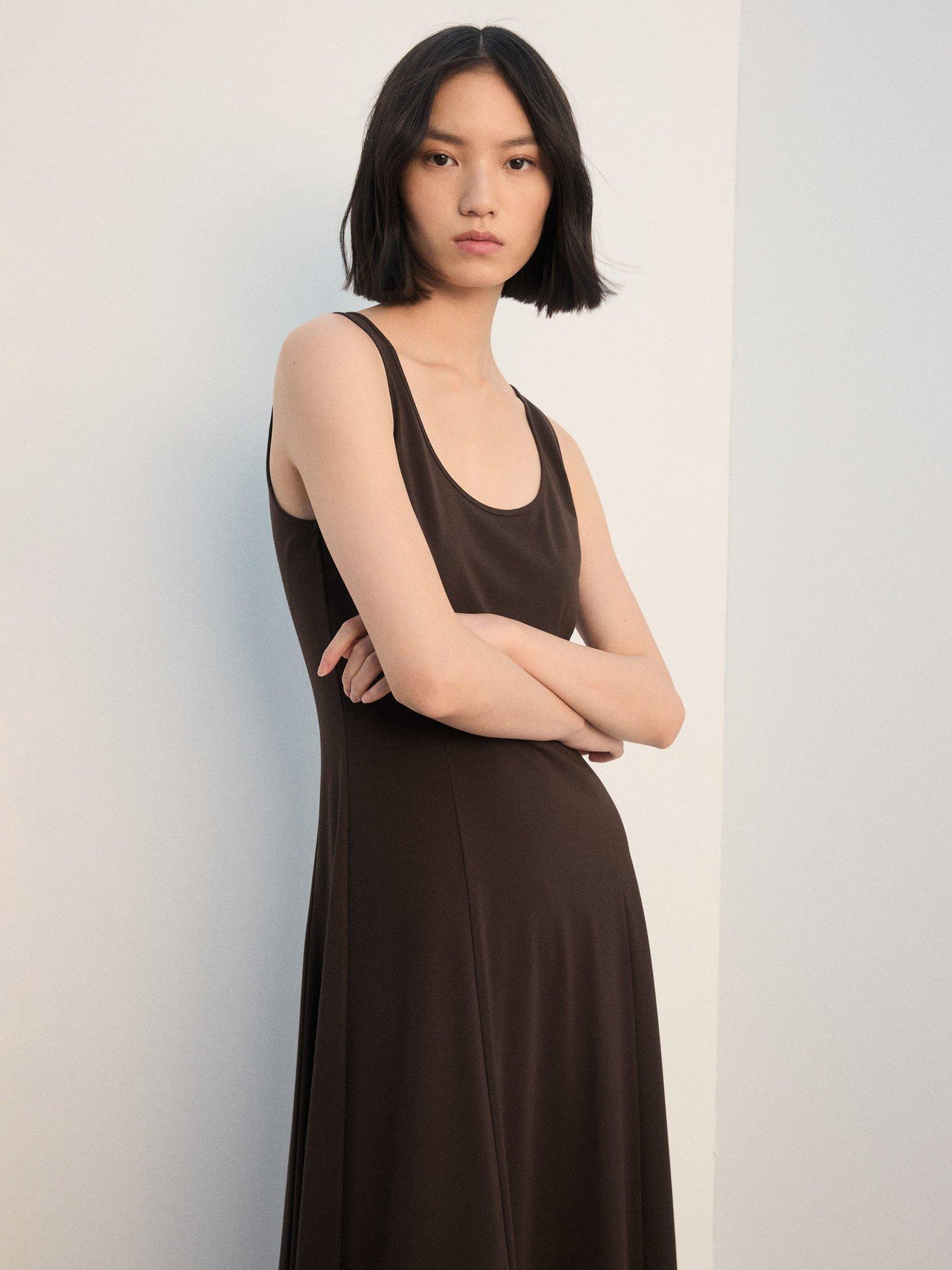 Product image 1 of 7, which shows Mango Peplos Scoop Neck Midi Dress, Brown, 10