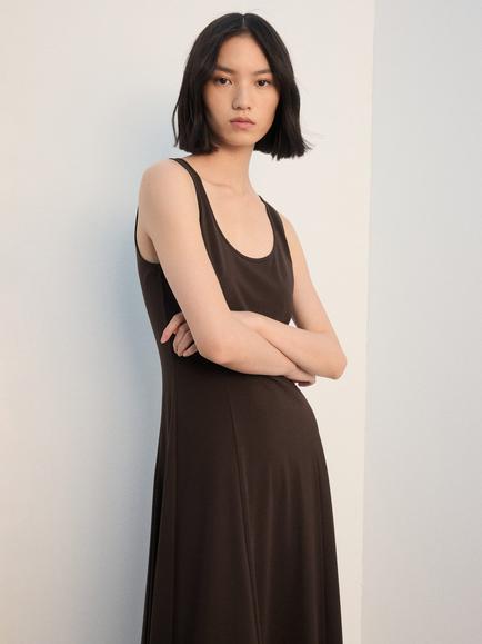 Mango Peplos Scoop Neck Midi Dress, Brown, Brown