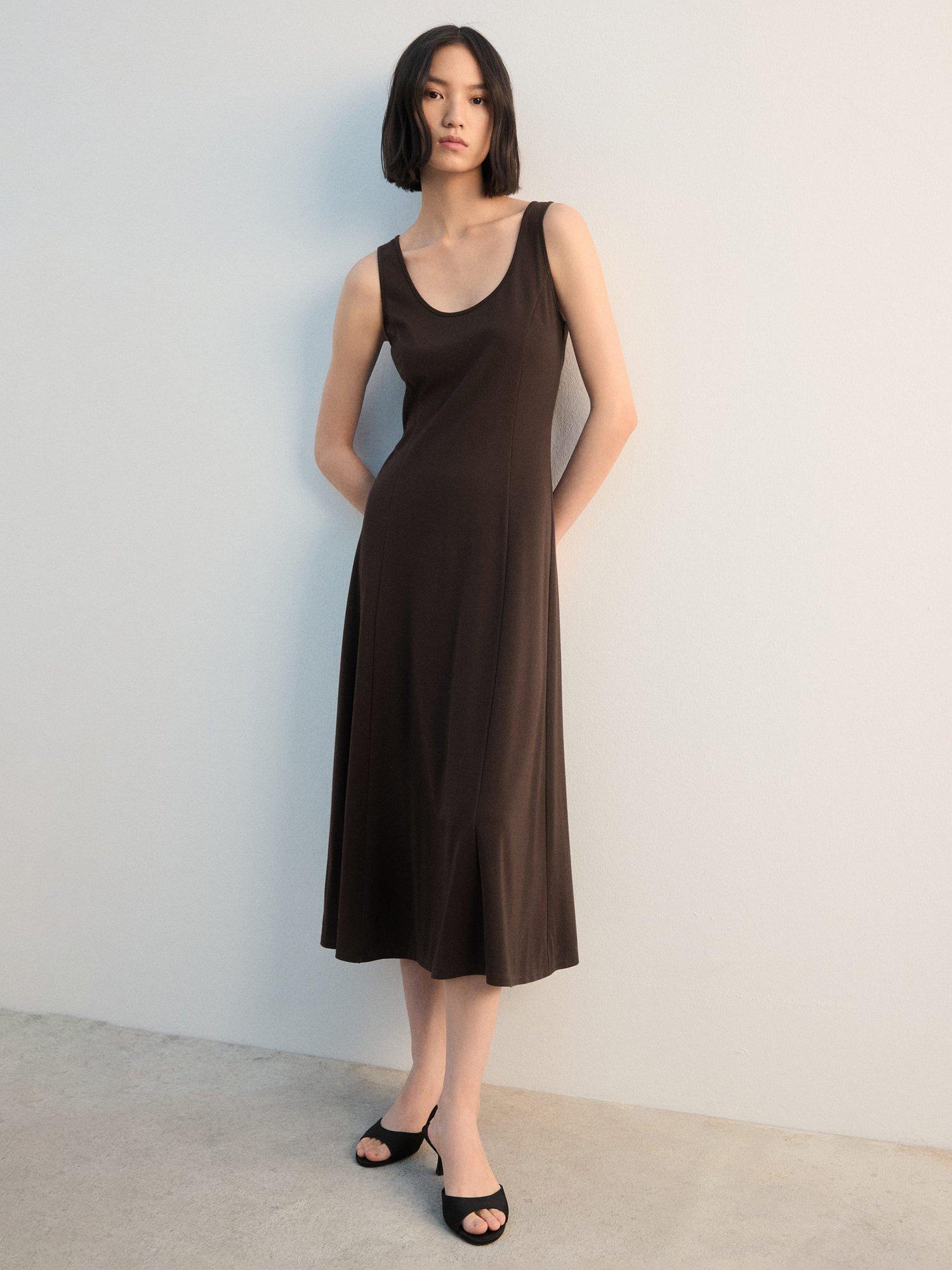 Product image 2 of 7, which shows Mango Peplos Scoop Neck Midi Dress, Brown, 10