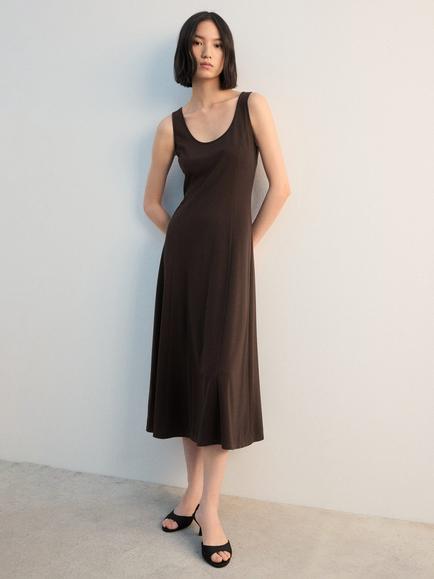 Mango Peplos Scoop Neck Midi Dress, Brown - view 2, Brown