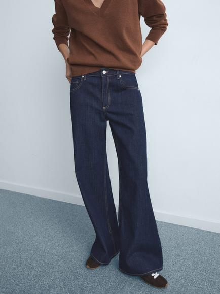 Mango Annie Low Rise Wide Leg Jeans, Blue, Blue