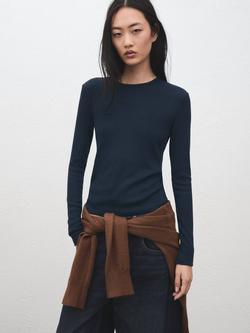 Mango Liloca Ribbed Long Sleeve Top, Dark Blue, Dark Blue