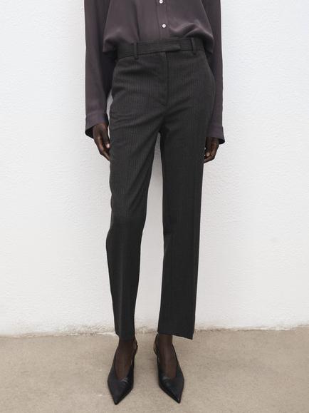 Mango Newarm Pinstripe Cropped Trousers, Grey, Grey