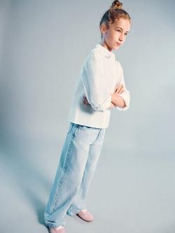 Mango Kids' Denim Heart Patch Wide Leg Jeans, Blue, Blue