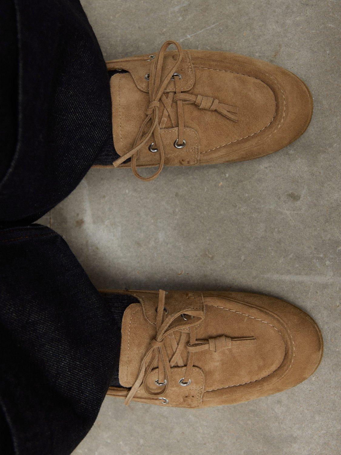Product image 5 of 5, which shows Mango Eris Suede Deck Shoes, Light Brown, 2