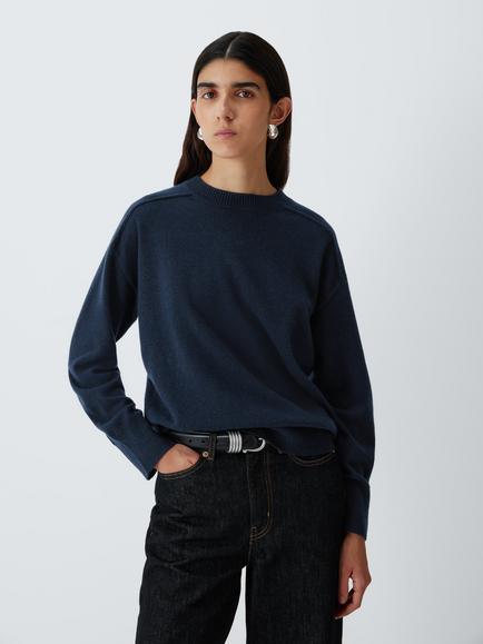 John Lewis Cashmere Seam Detail Crew Neck Jumper, Navy, Navy 73151