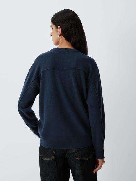 John Lewis Cashmere Seam Detail Crew Neck Jumper, Navy - view 2, Navy 73151