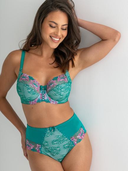 Pour Moi Sofia Lace Embroidered High Waist Knickers, Green/Pink, Green/Pink