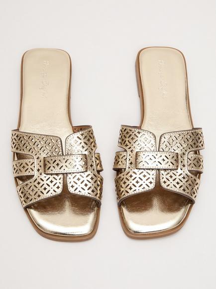 Phase Eight Leather Cut Out Flat Sandals, Gold - view 2, Gold