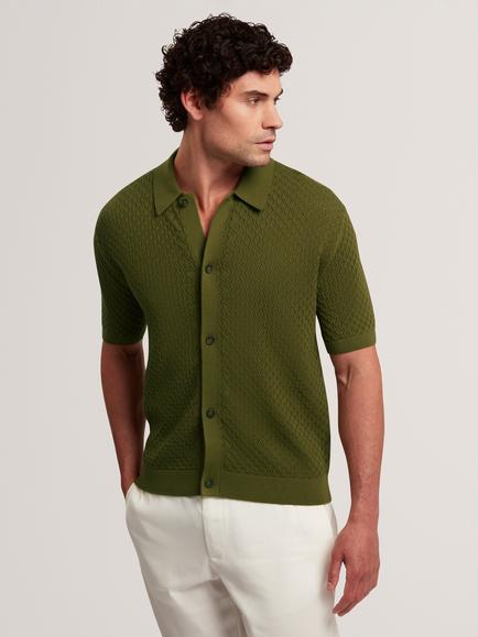 Ted Baker Domati Diamond Crochet Knit Short Sleeve Shirt, Khaki, Khaki