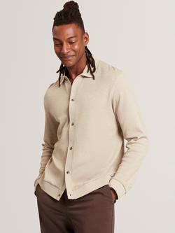 Ted Baker Wilkes Button Through Long Sleeve Cotton Polo Shirt, Taupe, Taupe